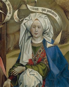 Detalj som representerar kvinnan från födseln, av Flemalles mästare Robert Campin (1375/1379-1444), olja på panel, cirka 1420 av Robert Campin