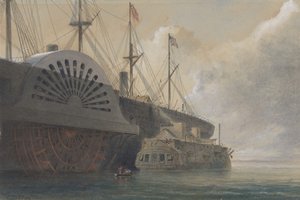 Den gamla fregatten Iris med sin kabelfrakt vid sidan av Great Eastern vid Sheerness..., 1865.