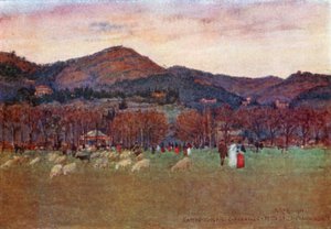 Från "Campo di Marte", Florens, med utsikt mot Fiesole och Maiano (färglitografi)