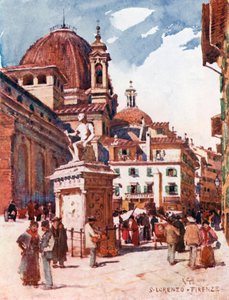 Piazza S Lorenzo, med statyn av Giovanni delle Bande Nere (färglitografi) av Robert Charles Goff