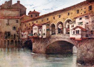Studie, som visar östra sidan av Ponte Vecchio och de gamla husen på Via de
