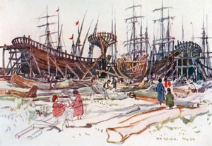 Varvet för skeppsbyggnad, Viareggio (färglitografi) av Robert Charles Goff