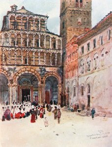 Västra framsidan av katedralen San Martino Lucca (färglitografi)