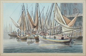 Utsikt över Billingsgate-kajen med båtar på vattnet, City of London, 1790. av Robert Clevely