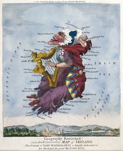 Geografi förhäxad! eller, en tråkig karikatyrkarta över Irland. Detta porträtt av Lady Hibernia Bull är ödmjukt tillägnat hennes man den store Mr John Bull. [ca 1796]