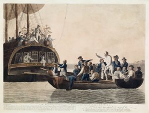 Myteristerna som vänder sig till löjtnant Bligh och en del av officerarna och besättningen Adrift, 29 april 1789, pub. 1790