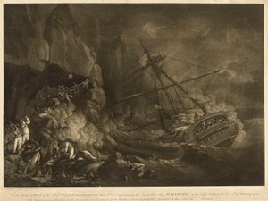 Förlusten av Ostindiska kompaniets fartyg "Halsewell" natten mellan den 5 och 6 januari 1786, ca 1786 (akvatint, etsning)