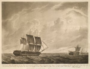 Denna vy av Hans Majestäts skepp EUROTAS, under jurymaster, på morgonen den 26 februari 1814. på väg att möta den kejserliga franska fregatten LA CLORINDE, som hade gått av på kvällen dessförinnan; på grund av omständigheten att