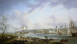 Vy över Greenwich, beskrivning av Themsen och aktiviteter på dess stränder, samt av flodnavigering, med hänsyn till tidvattnets betydelse. Olja på duk
