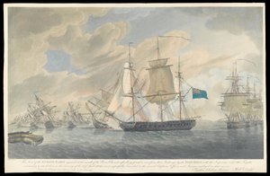 Vy över fiendens flotta på grund vid floden Charents mynning, början av 1800-talet (akvatint, handkolorerad etsning) av Robert Dodd