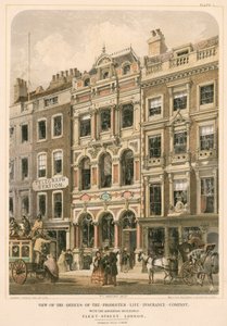 Vy över Promoter Life Insurance Companys kontor med intilliggande byggnader, Fleet Street, London (färglitografi)