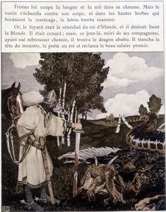 Tristan nära den döda draken - i "" Le Roman de Tristan et Iseult"" av Bédier ill. av Robert Engels, red. of Art, Paris