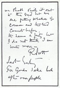 Sista sidan i dagboken för polarforskaren Robert Falcon Scott, ledare för den ödesdigra brittiska expeditionen till Sydpolen, 29 mars 1912 (litho)