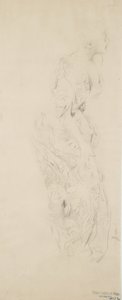 Skiss av kvinna i blommig klänning, möjligen för Moods to Music väggmålning, 1893-98 (grafit & gul penna på buffvävt papper) av Robert Frederick Blum