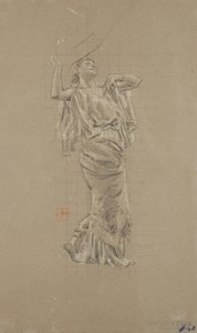 Studie av kvinnlig figur för väggmålningen Moods to Music (svartvit krita på papper) av Robert Frederick Blum