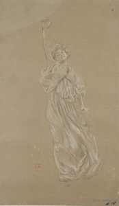 Studie av stående draperad kvinnofigur, för väggmålningen Moods to Music (svartvit krita på papper) av Robert Frederick Blum