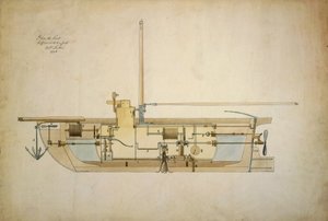 Originalritning av Nautilus, den första undervattensbåten (ubåt), presenterad av dess uppfinnare Robert Fulton (1765-1815) till den amerikanska senaten 1806.