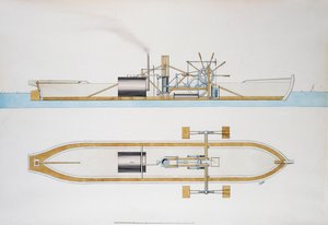 Ångbåt designad av Robert Fulton, akvarell, USA