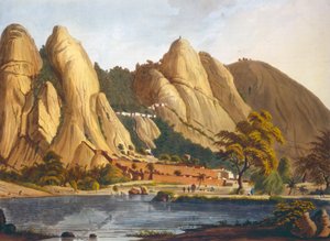 Södervy av Sewandroog, illustration från Twelve Views of Mysore, Tippoo Sultanens land graverad och färglagd av J.W. Edy, publicerad 1804 (färgad akvatint) av Robert H. Colebrooke