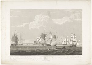 Avgång av tolv holländska handelsfartyg från Portsmouths hamn, 1833 (skylt 3) Denna uppsättning av tre skyltar som visar avgången från Portsmouths hamn den 2 juni 1833 av 12 Nederlandsche Koopvaardy-skepp från Embargo. av Robert Havell (II)