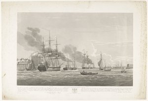 Avgång av tolv holländska handelsfartyg från Portsmouth Harbour, 1833 (skylt 2) Denna uppsättning med tre skyltar som visar avgången från Portsmouths hamn den 2 juni 1833 av 12 Nederlandsche Koopvaardy-fartyg från Embargo lossnade av Robert Havell (II)
