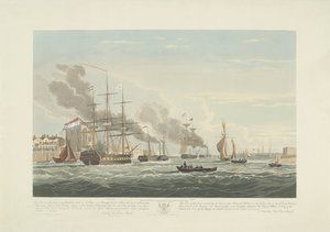 Avgång av tolv holländska handelsfartyg från Portsmouth Harbour, 1833 (skylt 2) Denna uppsättning med tre skyltar som visar avgången från Portsmouths hamn den 2 juni 1833 av 12 Nederlandsche Koopvaardy-fartyg från Embargo lossnade av Robert Havell (II)