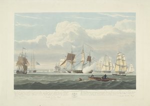 Avgång av tolv holländska handelsfartyg från Portsmouths hamn, 1833 (skylt 3) Denna uppsättning av tre skyltar som visar avgången från Portsmouths hamn den 2 juni 1833 av 12 Nederlandsche Koopvaardy-skepp från Embargo. av Robert Havell (II)