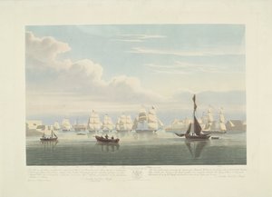 Avgång av tolv holländska handelsfartyg från Portsmouths hamn, 1833 (skylt 1) Denna uppsättning av tre skyltar som visar avgången från Portsmouths hamn den 2 juni 1833 av 12 Nederlandsche Koopvaardy-skepp från Embargo. av Robert Havell (II)
