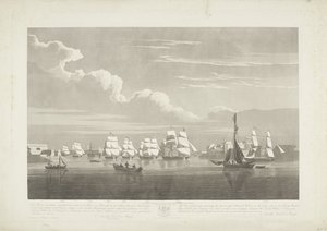 Avgång av tolv holländska handelsfartyg från hamnen i Portsmouth, 1833 (skylt 1) Denna uppsättning av tre skyltar som visar avgången från Portsmouths hamn den 2 juni 1833 av 12 Nederlandsche Koopvaardy-skepp från Embargo. av Robert Havell (II)