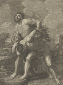Hercules bär ett lejonskinn och slåss mot Achelous, ett landskap i bakgrunden, ..., ca. 1713-72. av Robert Hecquet
