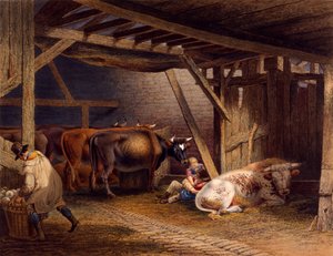 Ladugård (handfärgad akvatint)