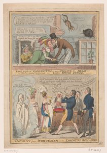 Spotprent över het huwelijk av de markies från Worcester och Anne Francis Culling Smith, 1822 Kärlek skrattar åt att låssmeder -eller- avlivar hertigen!!! en fars nyligen framförd i Upper Brook Street / Giovani från Worcester -eller- libertinen återvunnen 