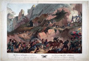 1799 slogs Napoleons trupper på Djävulens bron mot ryssarna under befäl av general Souvarov - Ryska armén korsade djävulens bron 1799 - Porter, Robert Carr (1777-1842) - 1804 - Akvatint - 63x91,3 -Privat samling
