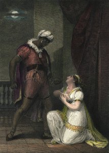 Othello och Desdemona i Venedig. Illustration för "" Othello" av William Shakespeare. Akt 4 scen 2.Engelsk gravyr från 1801 av R.K Porter.