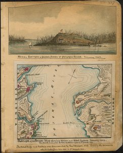 Blockaden av Potomac. Karta som visar unionens och rebellernas batterier i januari 1862. Rebellerna evakuerade alla sina batterier natten till den 4 mars 1862. LOC gvhs01.vhs00066 av Robert Knox Sneden