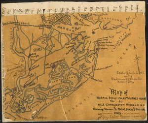 Karta över Morris, Folly, Coles och James Island(s) etc., och Charleston Harbor S.C. som visar (sic) unionens och rebellernas fort och batterier, 1864. LOC gvhs01.vhs00184 av Robert Knox Sneden