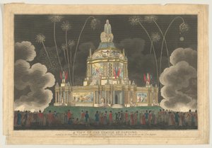 En vy av Temple of Concord uppfört i Green Park, för att fira G..., 9 september 1814.