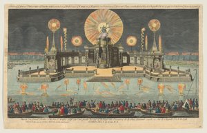 A View of ye Grand Theatre & Fireworks rested on the Water near ye Court at Haag on O..., 1794.