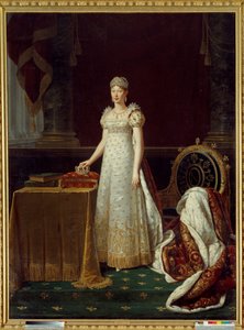 Porträtt av imponen Marie Louise av Österrike (Marie-Louise) (1791-1847), hustru till Napoleon I, representerade kejsardömets regente och klädd i en Chaumet-diamantset donerad av Napoleon 1812 - Bakom henne, en fåtölj i empirestil dekorerad Napoleons "N"