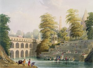 Vy över bron nära Baroda i Guzerat, från volym II av "Indiens landskap, kostymer och arkitektur", etsat av J. Willis och H. Melville, graverad av puben Charles Bentley (1806-54). av Smith, El