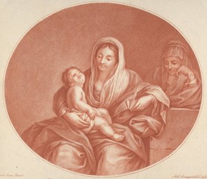 Jungfrun satt med spädbarnet Kristus sovande i hennes knä, Saint Elizabeth till höger, an..., 1776. av Robert Menageot