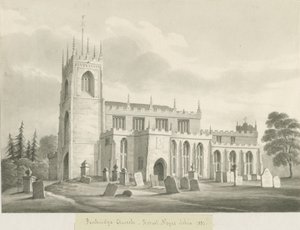 Penkridge Church: sepiatvättteckning, 1831 av Robert Noyes