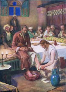 Jesus tvättar lärjungarnas fötter, från The Bible Picture Book utgiven av Thomas Nelson, ca 1950