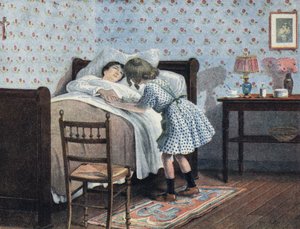 En liten flicka vid sängen av sin sjuka mamma väntar på hennes krig. Illustration av Robert Salles (1871-1929) i "" Je sais Lire"". av Robert Salles