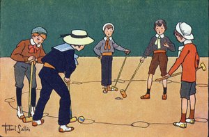 Boll för timmar (färdighetsspel med bollar och klubbor). Gravering i "" Vad spelar vi? ”” av E. Weber med akvarellteckningar av Robert Salles (1871-1929). Librairie Garnier Freres, Paris av Robert Salles