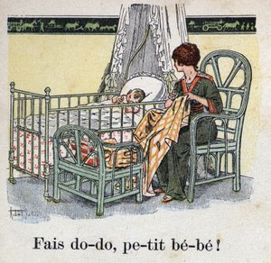 Barnbok "" Jag kommer att läsa - Metodiskt och roligt alfabet av en pappa""" 1926. Illustration av Robert Salles (1871-1929). "" Sov, baby baby! "". En mamma syr i sitt barns rum i väntan på att hennes bebis ska sova. av Robert Salles