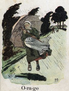 Barnbok "" Jag kommer att läsa - Metodiskt och roligt alfabet av en pappa""" 1926. Illustration av Robert Salles (1871-1929). "" Storm"": en kvinna i regnskydden med sitt paraply. av Robert Salles
