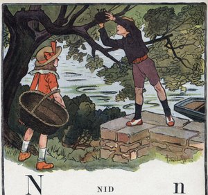 Barnbok "" Jag kommer att läsa - Metodiskt och roligt alfabet av en pappa""" 1926. Illustration av Robert Salles (1871-1929). Abecedary: bokstaven N som Nest. En pojke tar ett bo byggt på ett träd. av Robert Salles