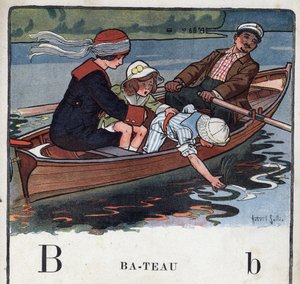 Barnbok "" Jag kommer att läsa - Metodiskt och roligt alfabet av en pappa""" 1926. Illustration av Robert Salles (1871-1929). Abecedaire: bokstaven B som båt. En familj i en båt tar en promenad. av Robert Salles