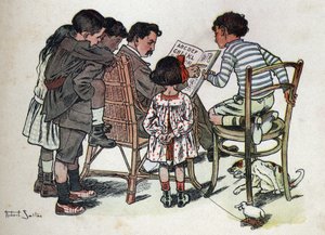 Barnbok "" Jag kommer att läsa - Metodiskt och roligt alfabet av en pappa""" 1926. Illustration av Robert Salles (1871-1929). En familjefar lär barn att läsa. av Robert Salles